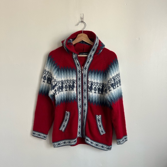 Peruvian Connection Sweaters - Alpaca Connection Red & Blue Wool Zip Up Hoodie Sweater